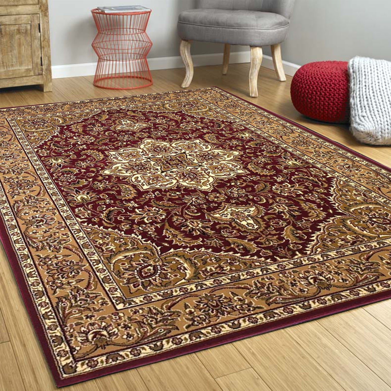 7' Red And Beige Floral Medallion Octagon Rug-Area Rugs-DECOROLALA