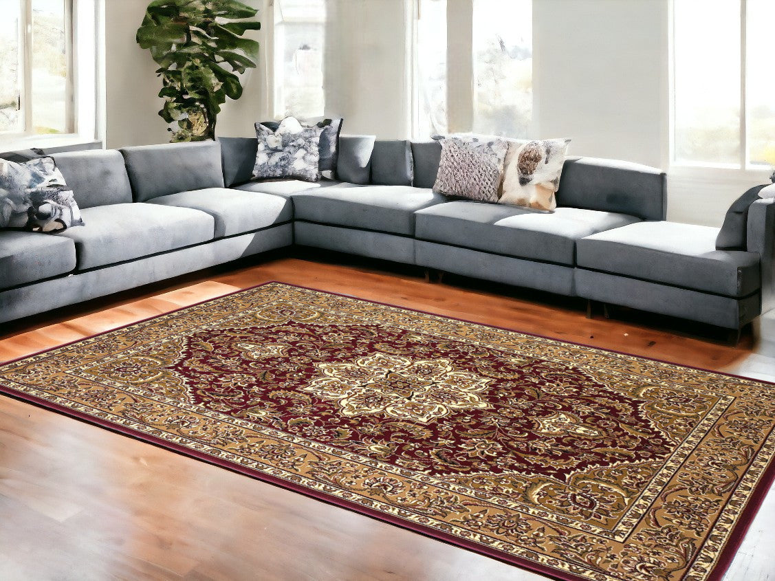 7' Red And Beige Floral Medallion Octagon Rug-Area Rugs-DECOROLALA