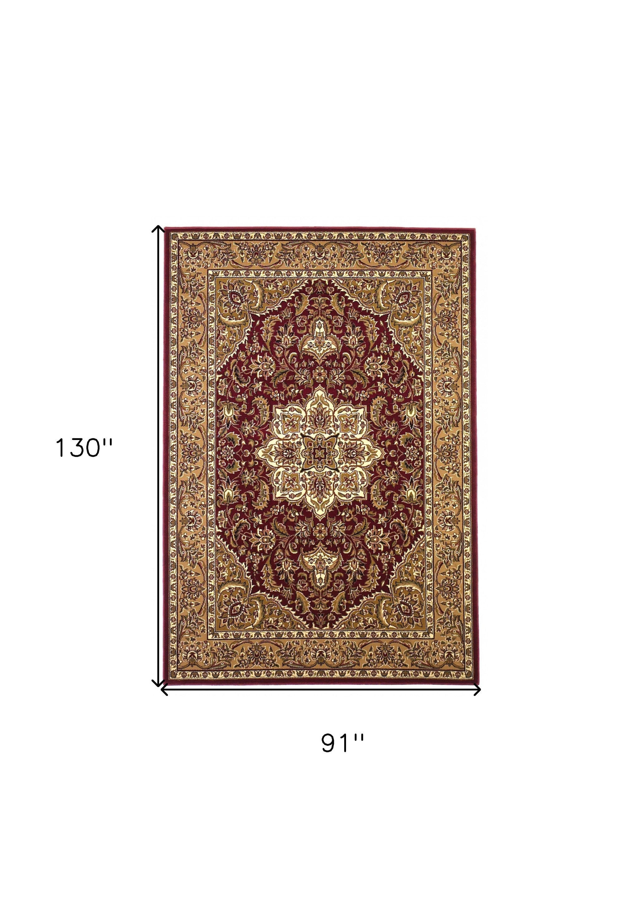 7' Red And Beige Floral Medallion Octagon Rug-Area Rugs-DECOROLALA