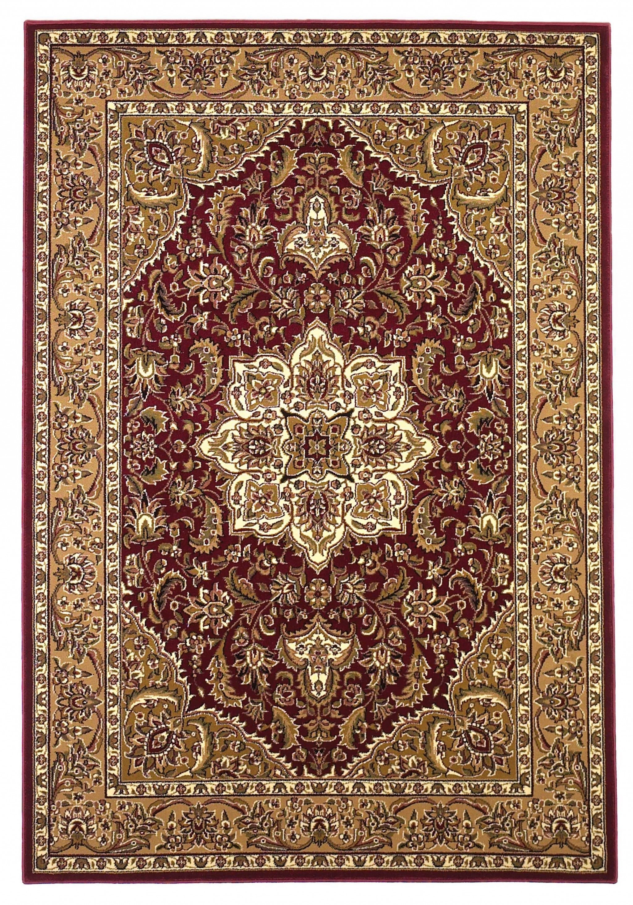 7' Red And Beige Floral Medallion Octagon Rug-Area Rugs-DECOROLALA