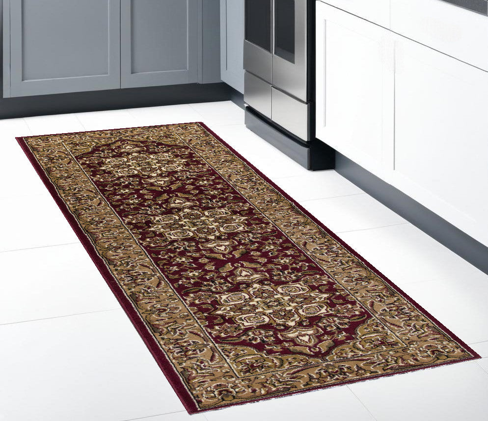 7' Red And Beige Floral Medallion Octagon Rug-Area Rugs-DECOROLALA