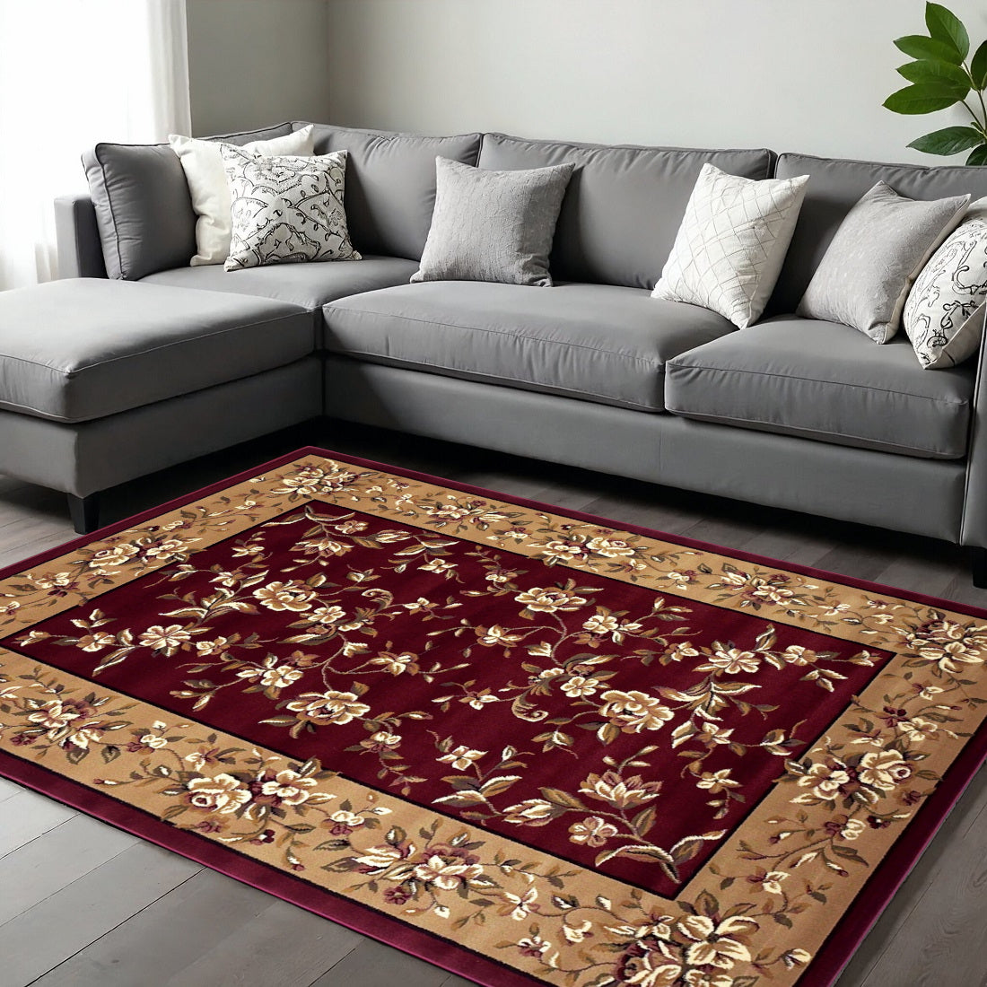 7' Red And Beige Floral Vines Octagon Rug-Area Rugs-DECOROLALA