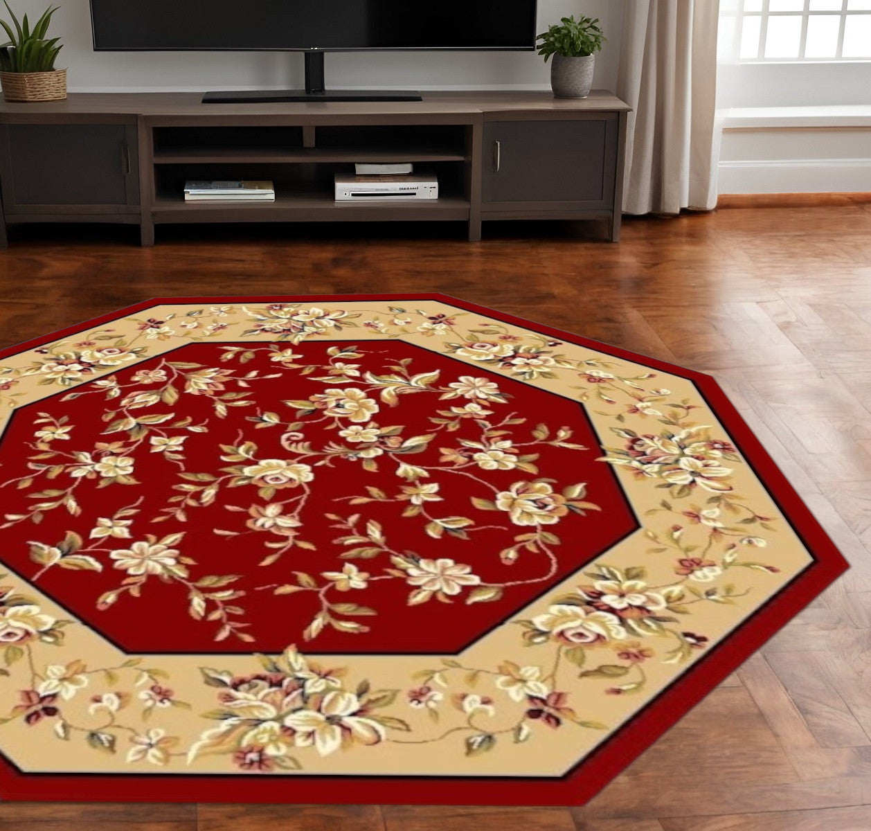 7' Red And Beige Floral Vines Octagon Rug-Area Rugs-DECOROLALA