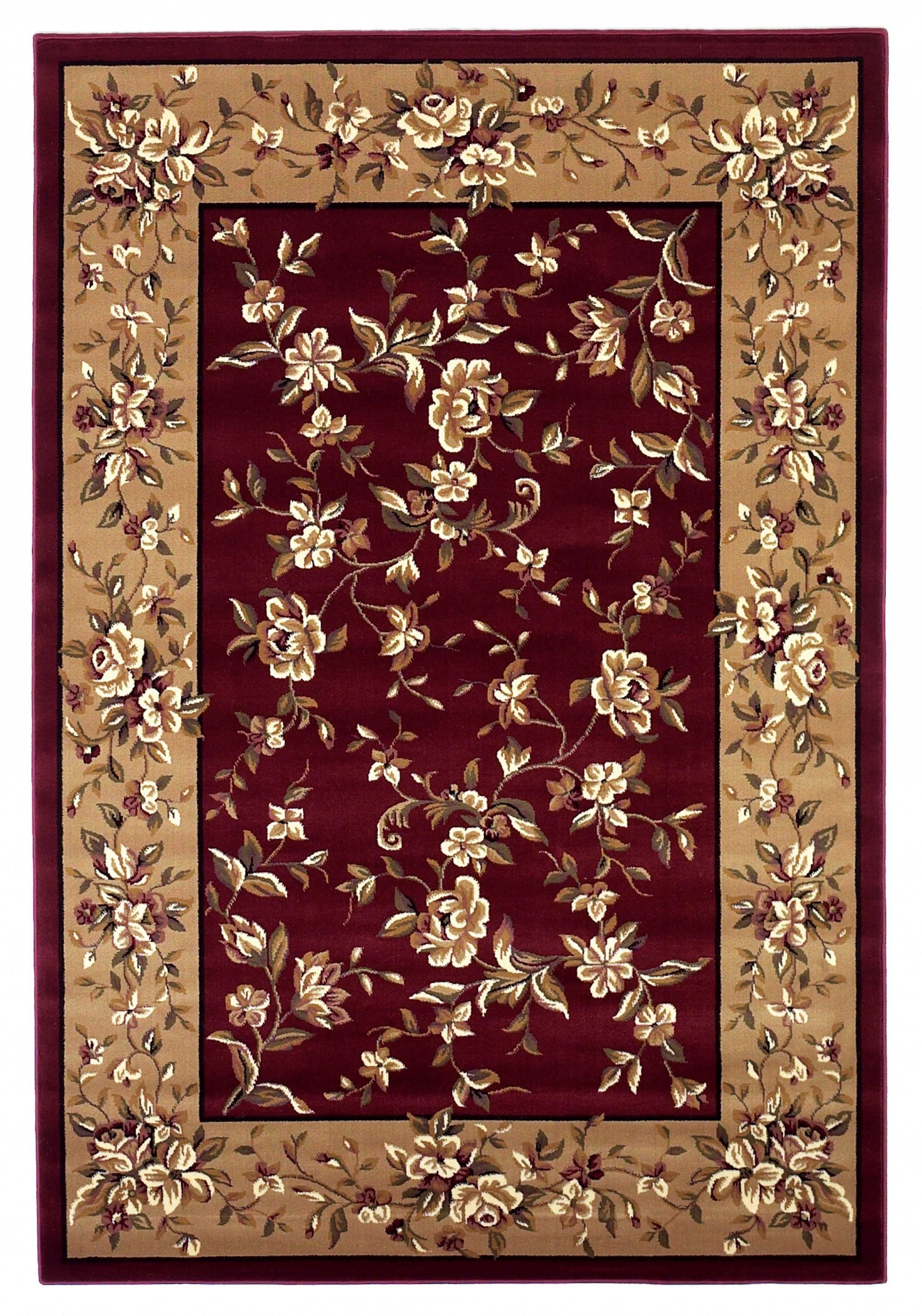 7' Red And Beige Floral Vines Octagon Rug-Area Rugs-DECOROLALA