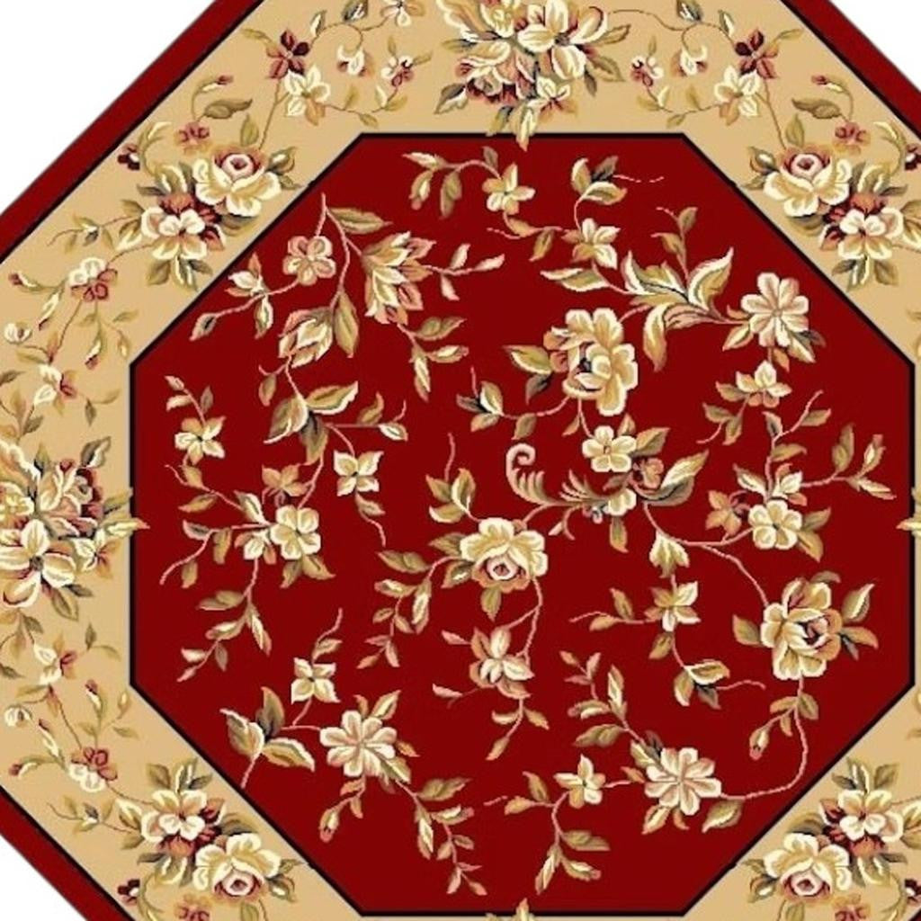 7' Red And Beige Floral Vines Octagon Rug-Area Rugs-DECOROLALA