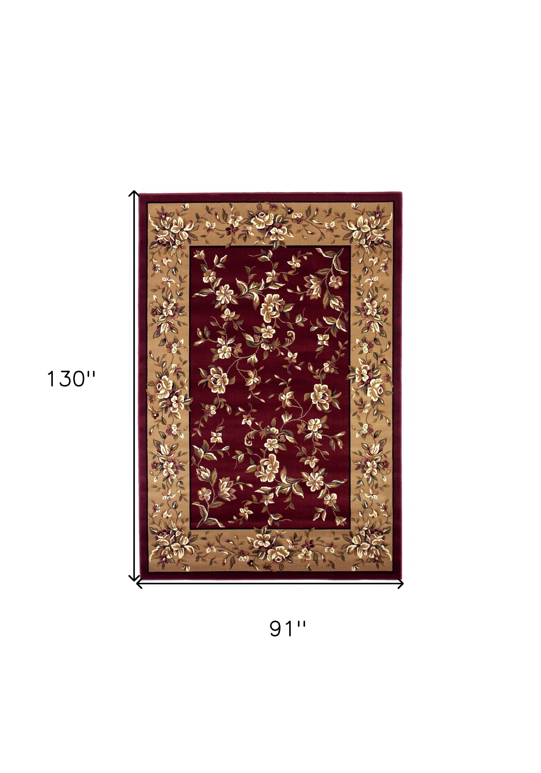 7' Red And Beige Floral Vines Octagon Rug-Area Rugs-DECOROLALA