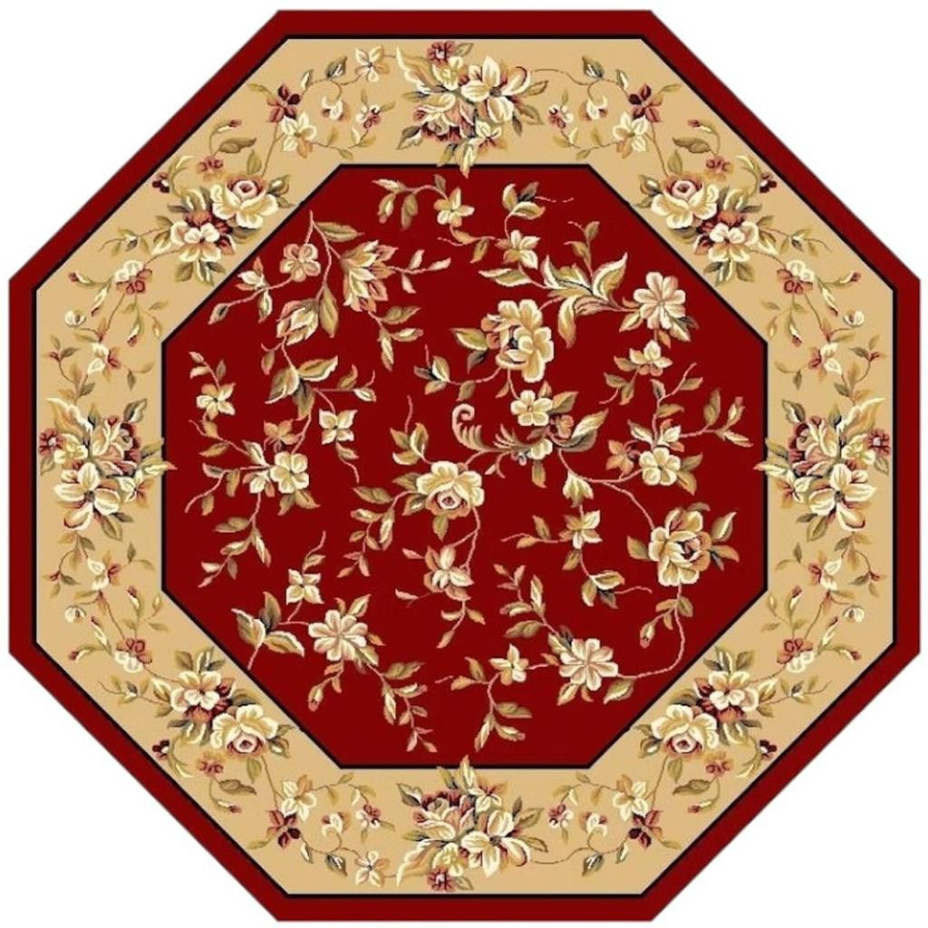 7' Red And Beige Floral Vines Octagon Rug-Area Rugs-DECOROLALA