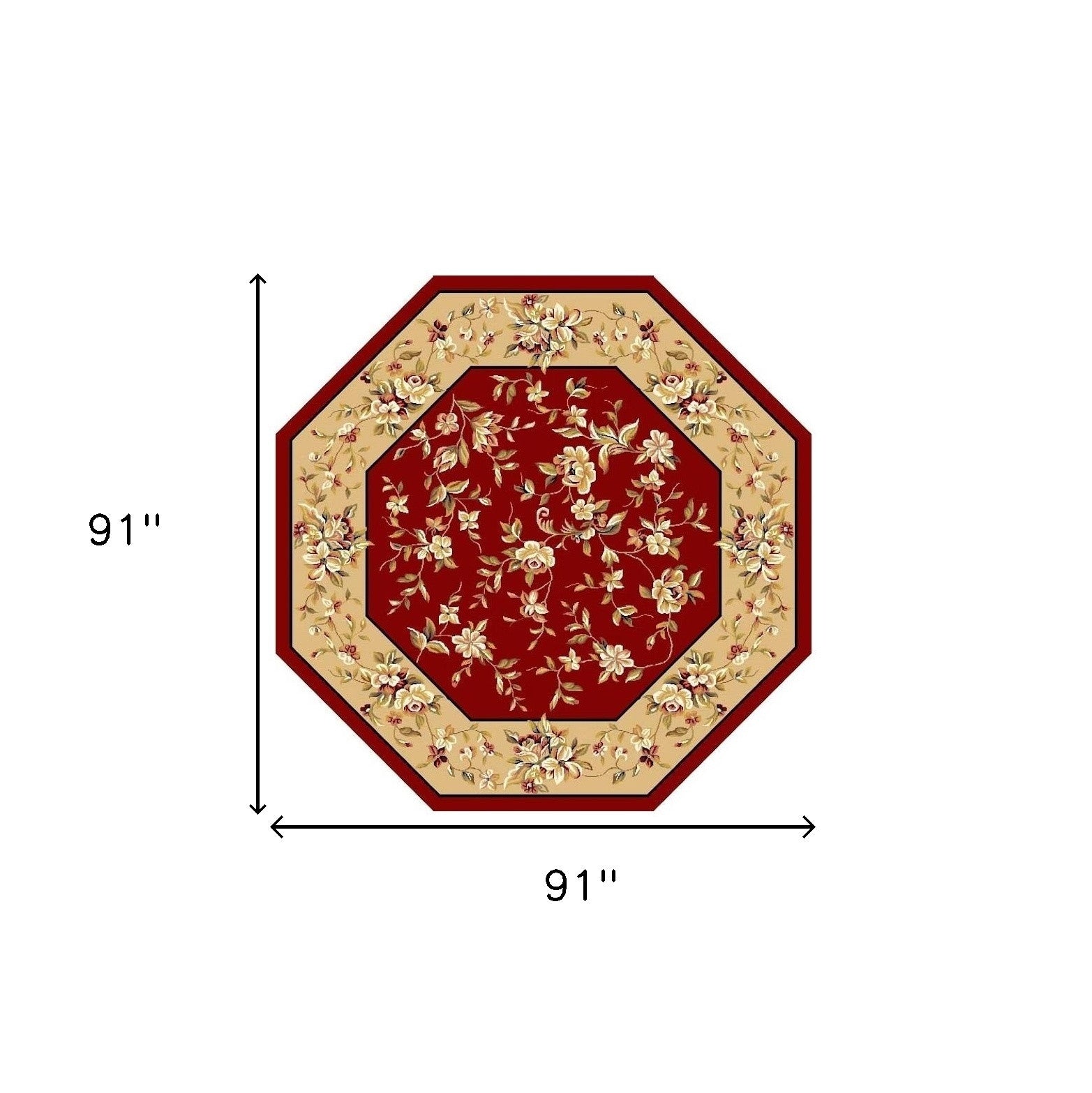 7' Red And Beige Floral Vines Octagon Rug-Area Rugs-DECOROLALA