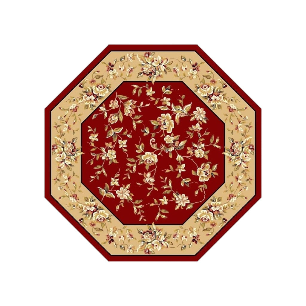 7' Red And Beige Floral Vines Octagon Rug-Area Rugs-DECOROLALA