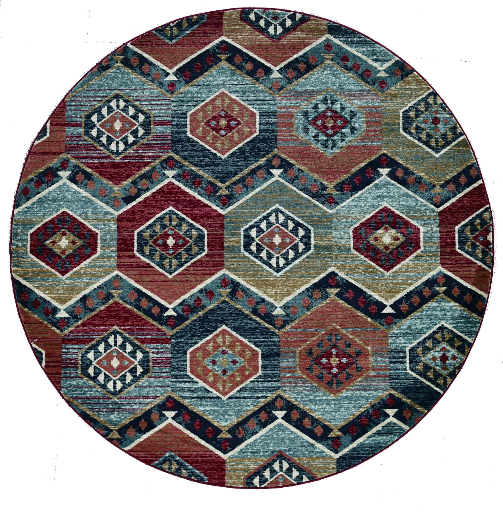 7' Red And Blue Geometric Round Rug-Area Rugs-DECOROLALA