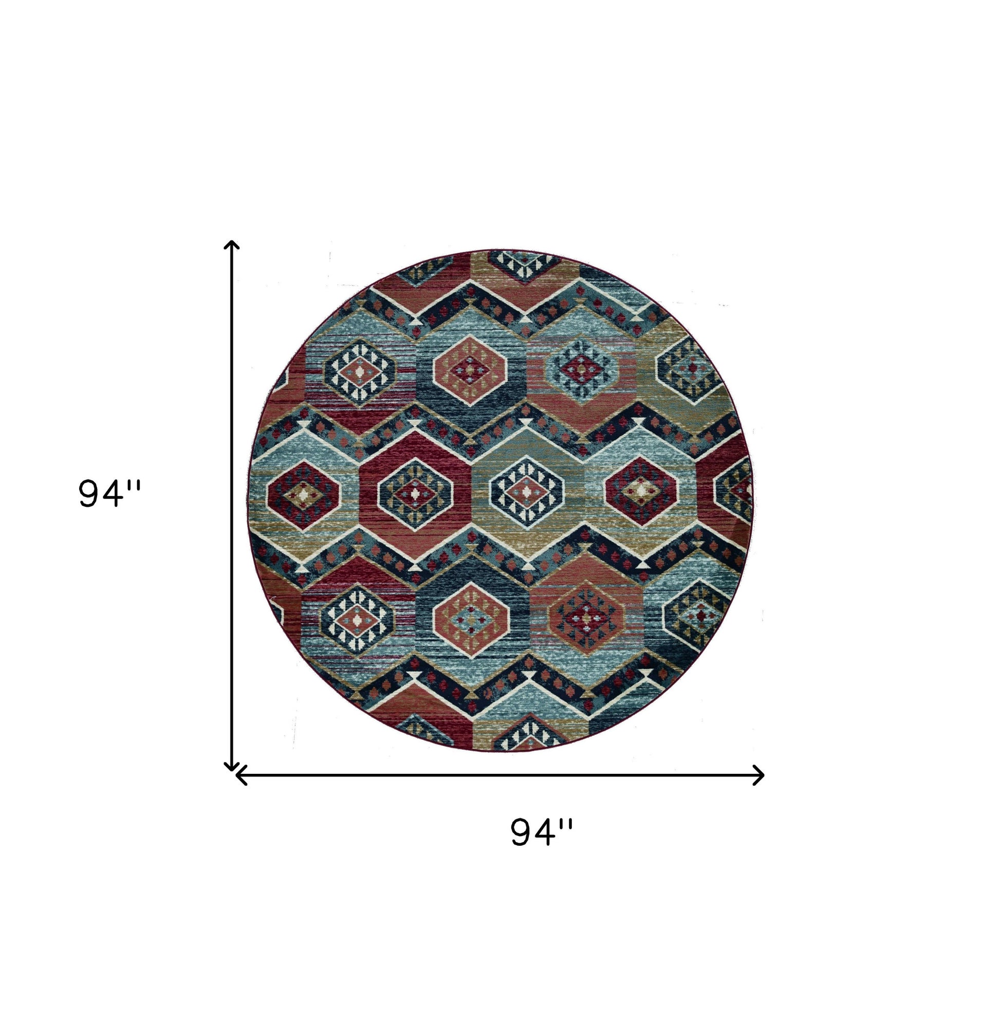 7' Red And Blue Geometric Round Rug-Area Rugs-DECOROLALA