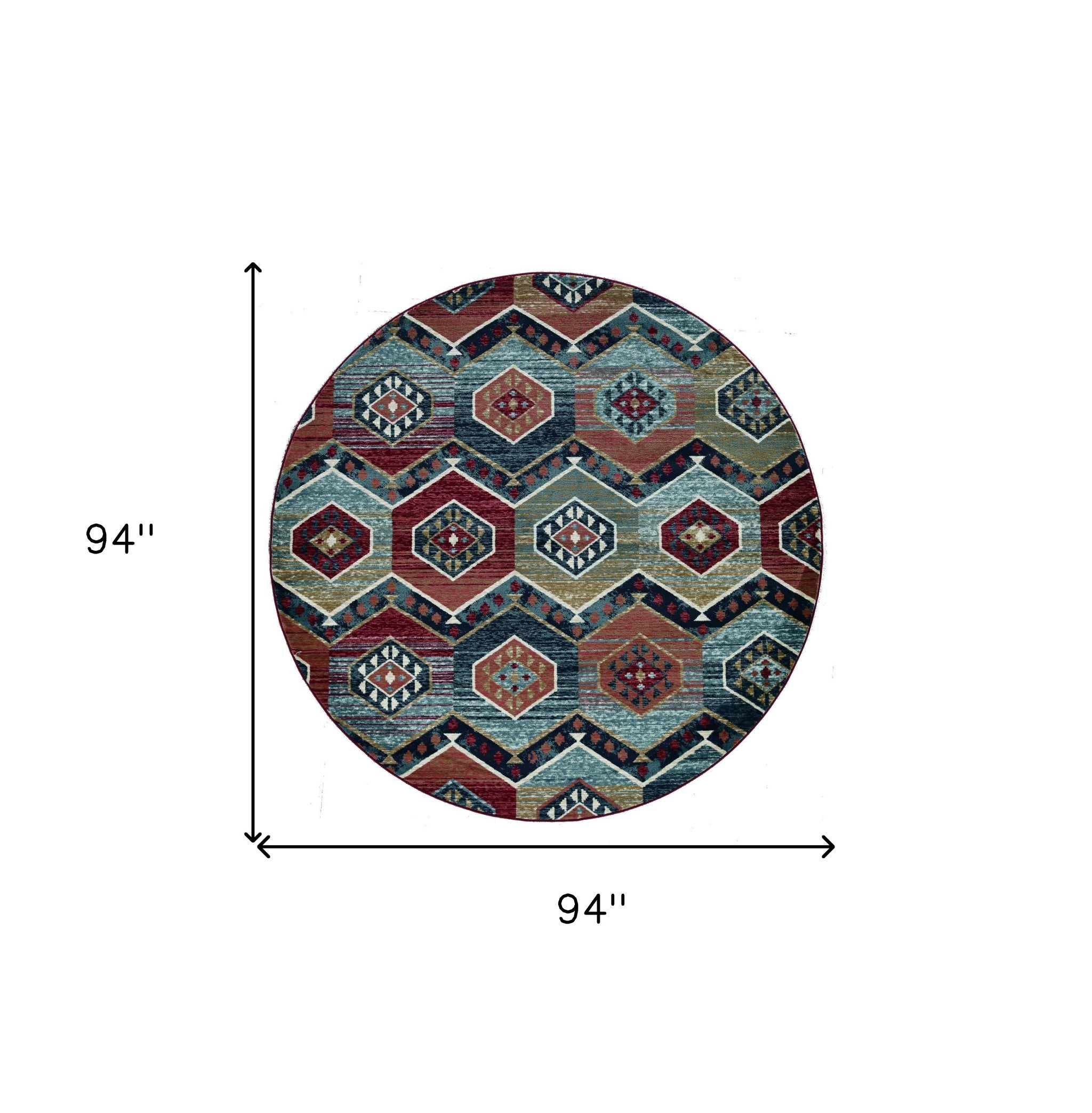 7' Red And Blue Geometric Round Rug-Area Rugs-DECOROLALA