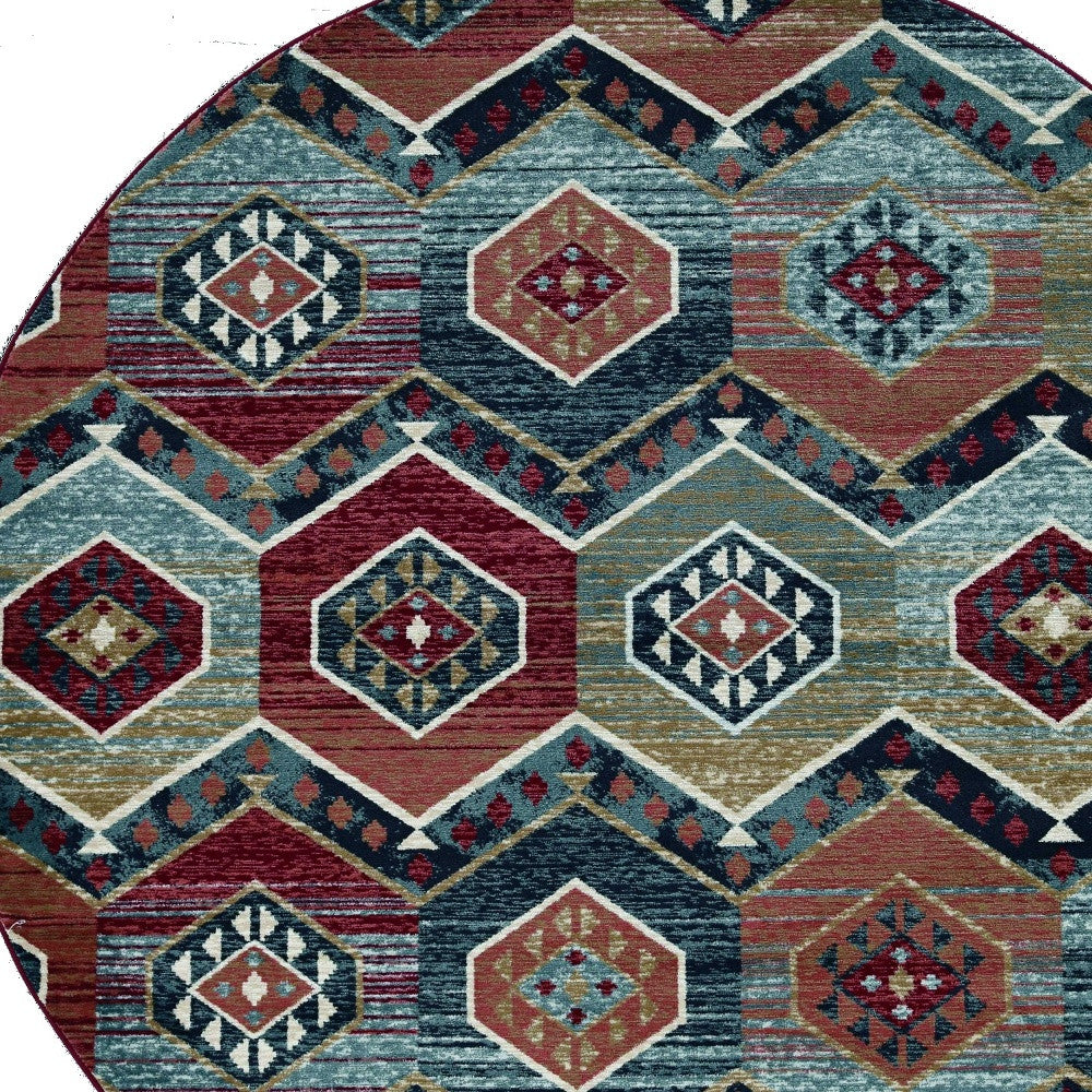 7' Red And Blue Geometric Round Rug-Area Rugs-DECOROLALA
