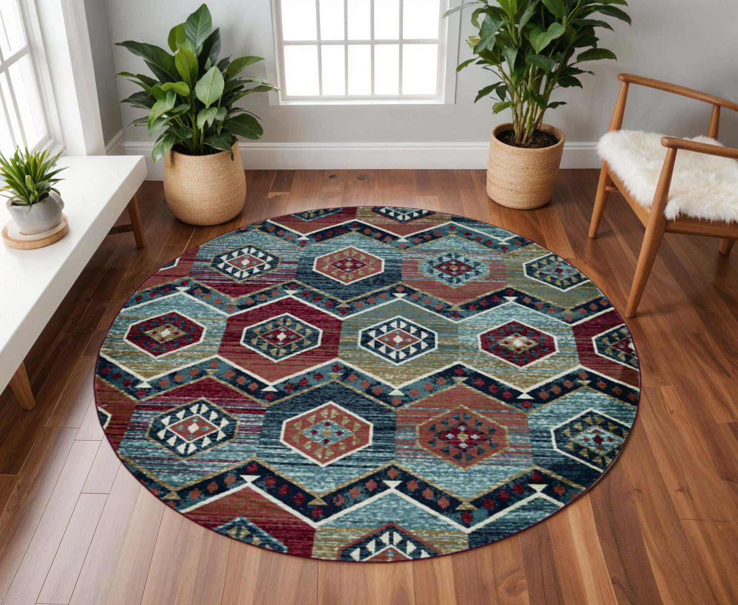 7' Red And Blue Geometric Round Rug-Area Rugs-DECOROLALA