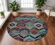 7' Red And Blue Geometric Round Rug-Area Rugs-DECOROLALA