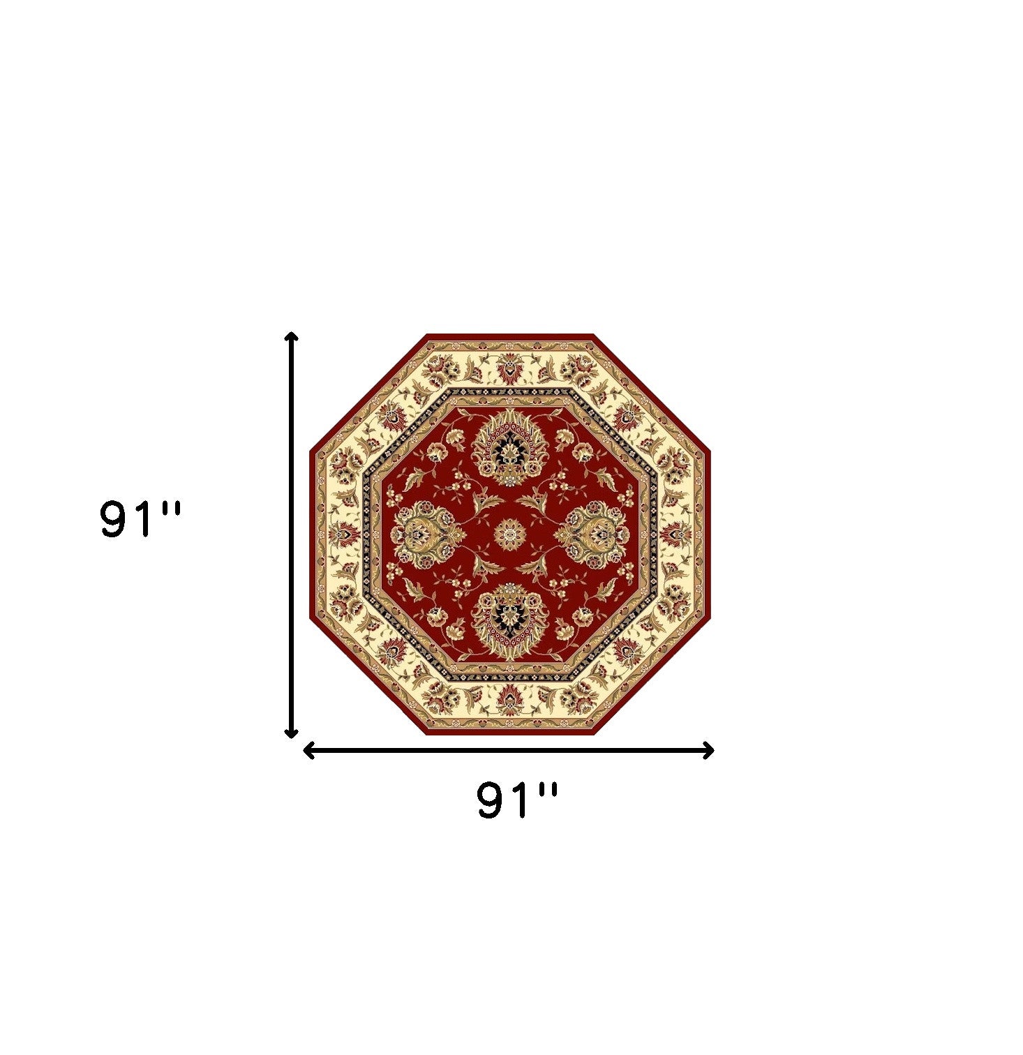 7' Red And Ivory Floral Medallion Octagon Rug-Area Rugs-DECOROLALA
