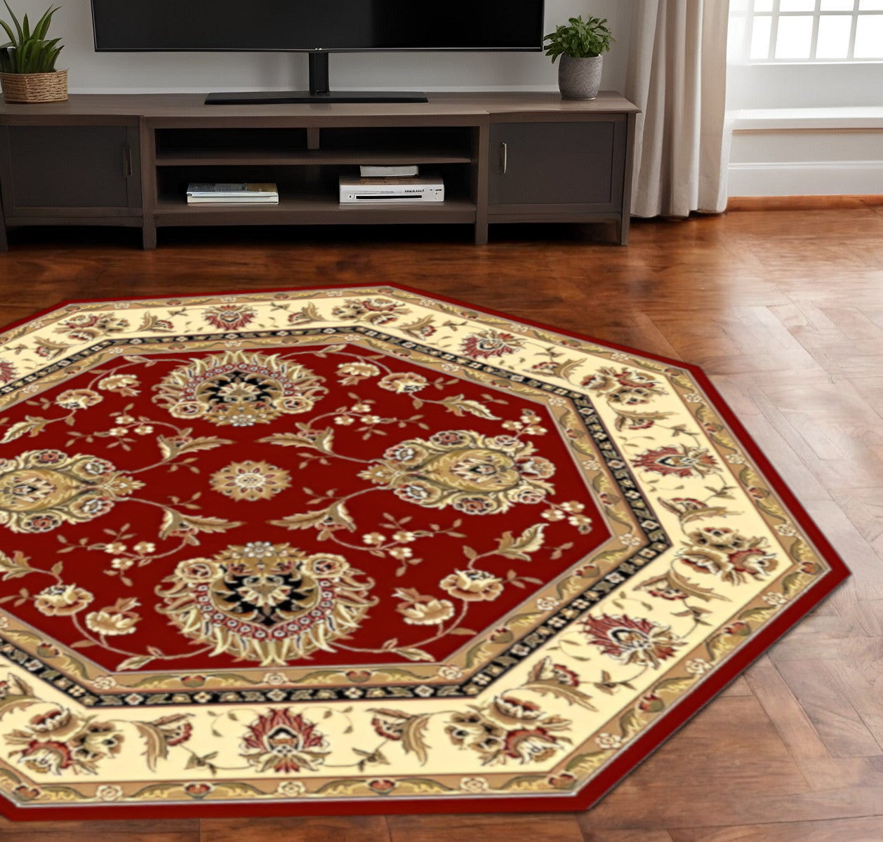 7' Red And Ivory Floral Medallion Octagon Rug-Area Rugs-DECOROLALA