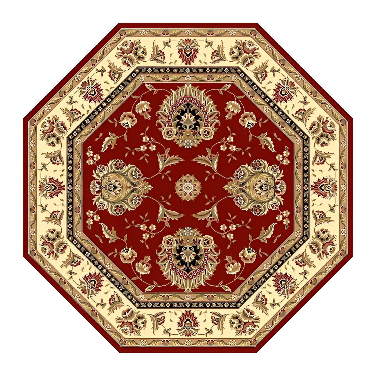 7' Red And Ivory Floral Medallion Octagon Rug-Area Rugs-DECOROLALA