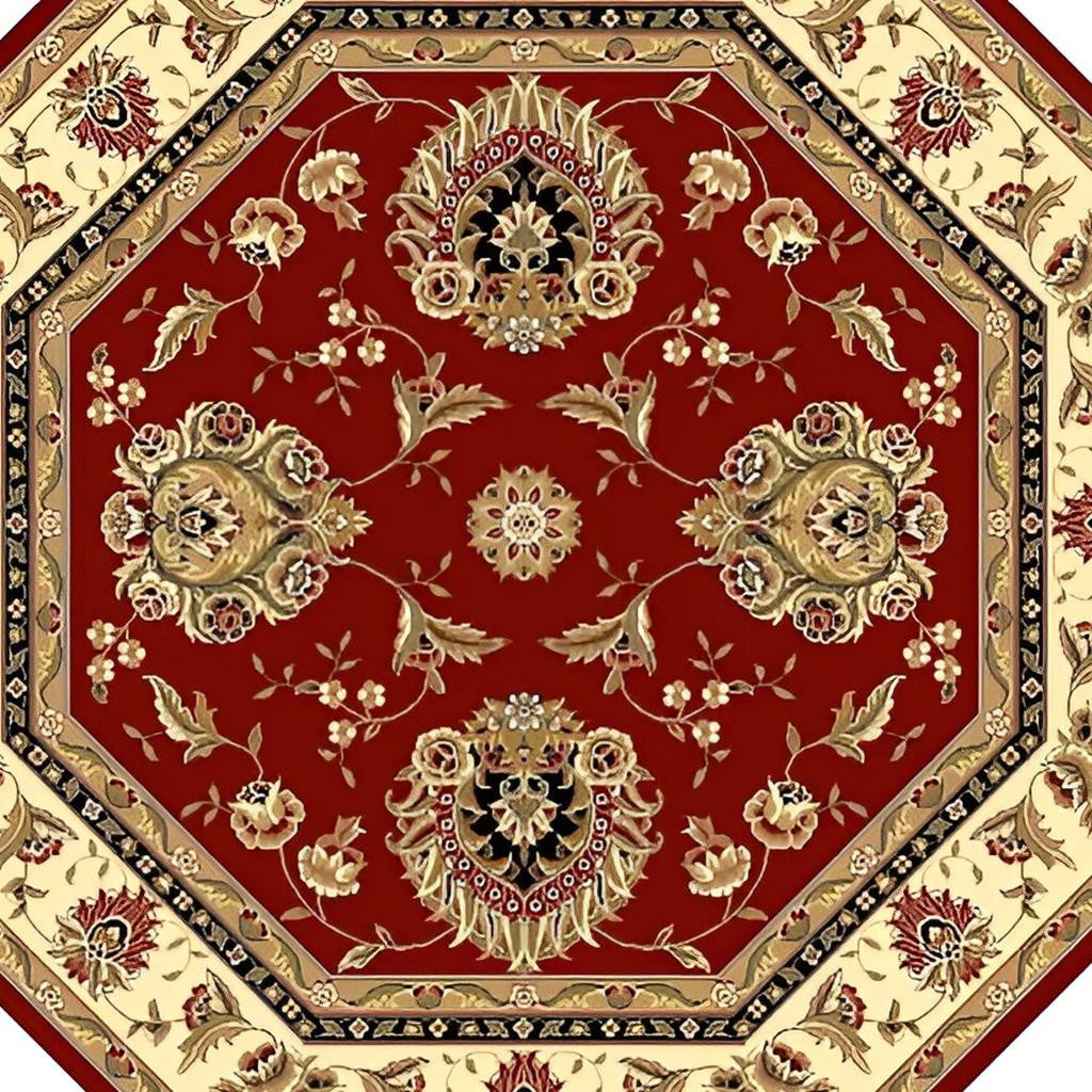 7' Red And Ivory Floral Medallion Octagon Rug-Area Rugs-DECOROLALA