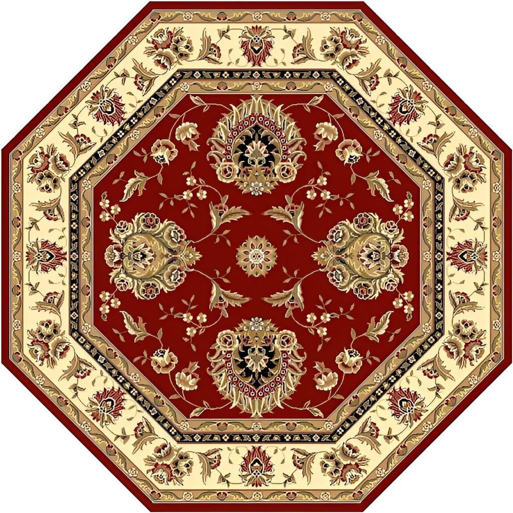 7' Red And Ivory Floral Medallion Octagon Rug-Area Rugs-DECOROLALA