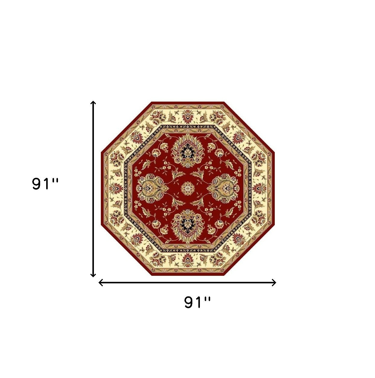 7' Red And Ivory Floral Medallion Octagon Rug-Area Rugs-DECOROLALA