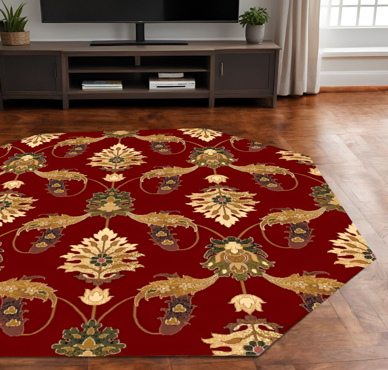 7' Red Beige And Brown Floral Vines Octagon Rug-Area Rugs-DECOROLALA