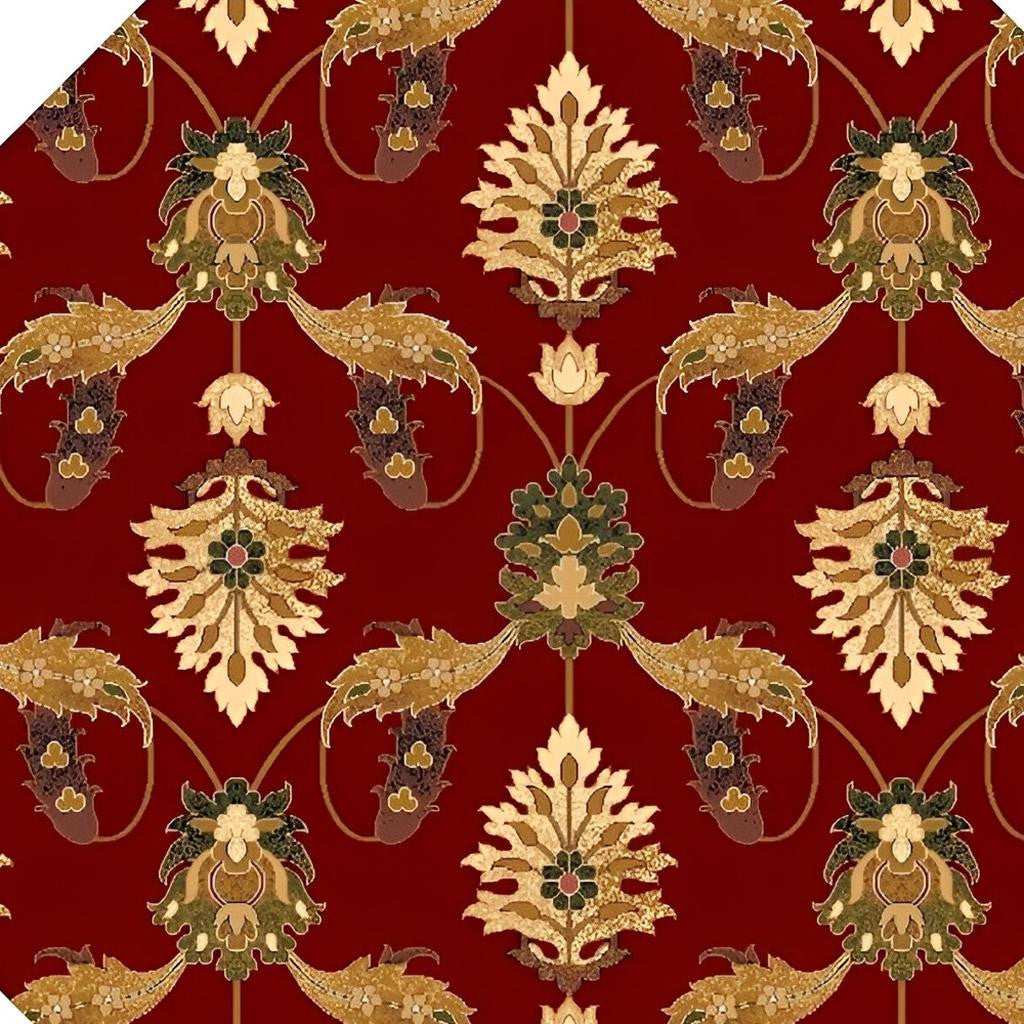 7' Red Beige And Brown Floral Vines Octagon Rug-Area Rugs-DECOROLALA