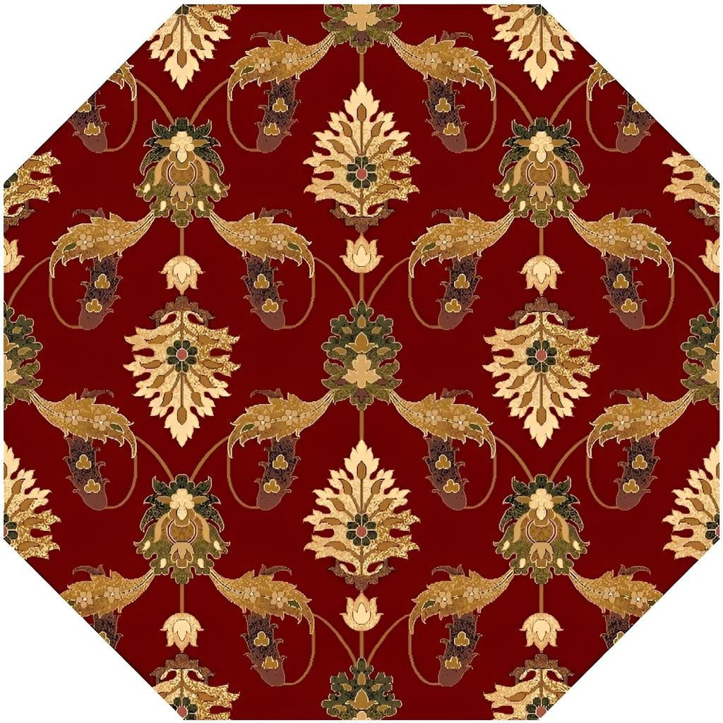 7' Red Beige And Brown Floral Vines Octagon Rug-Area Rugs-DECOROLALA