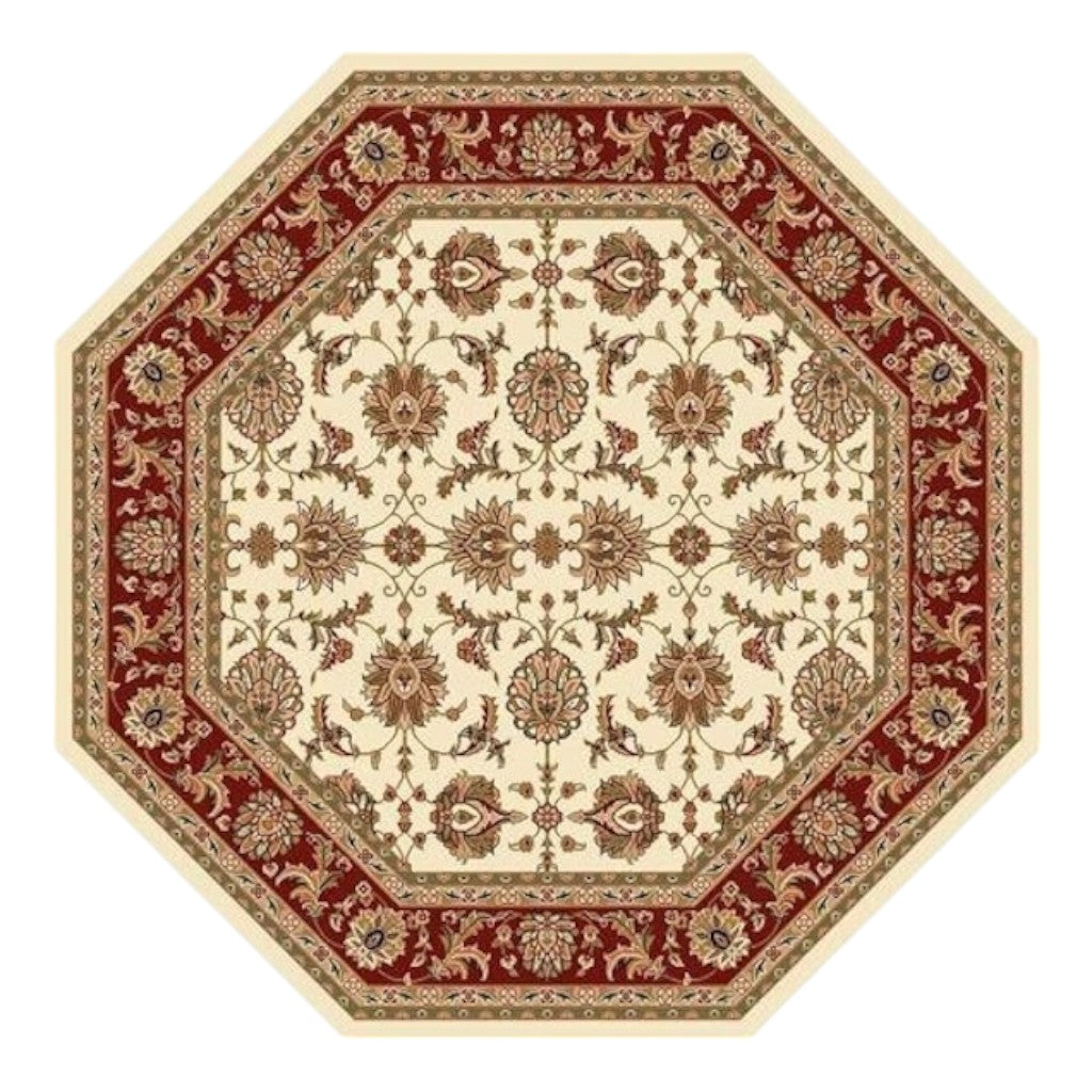 7' Red Ivory And Brown Floral Medallion Octagon Rug-Area Rugs-DECOROLALA