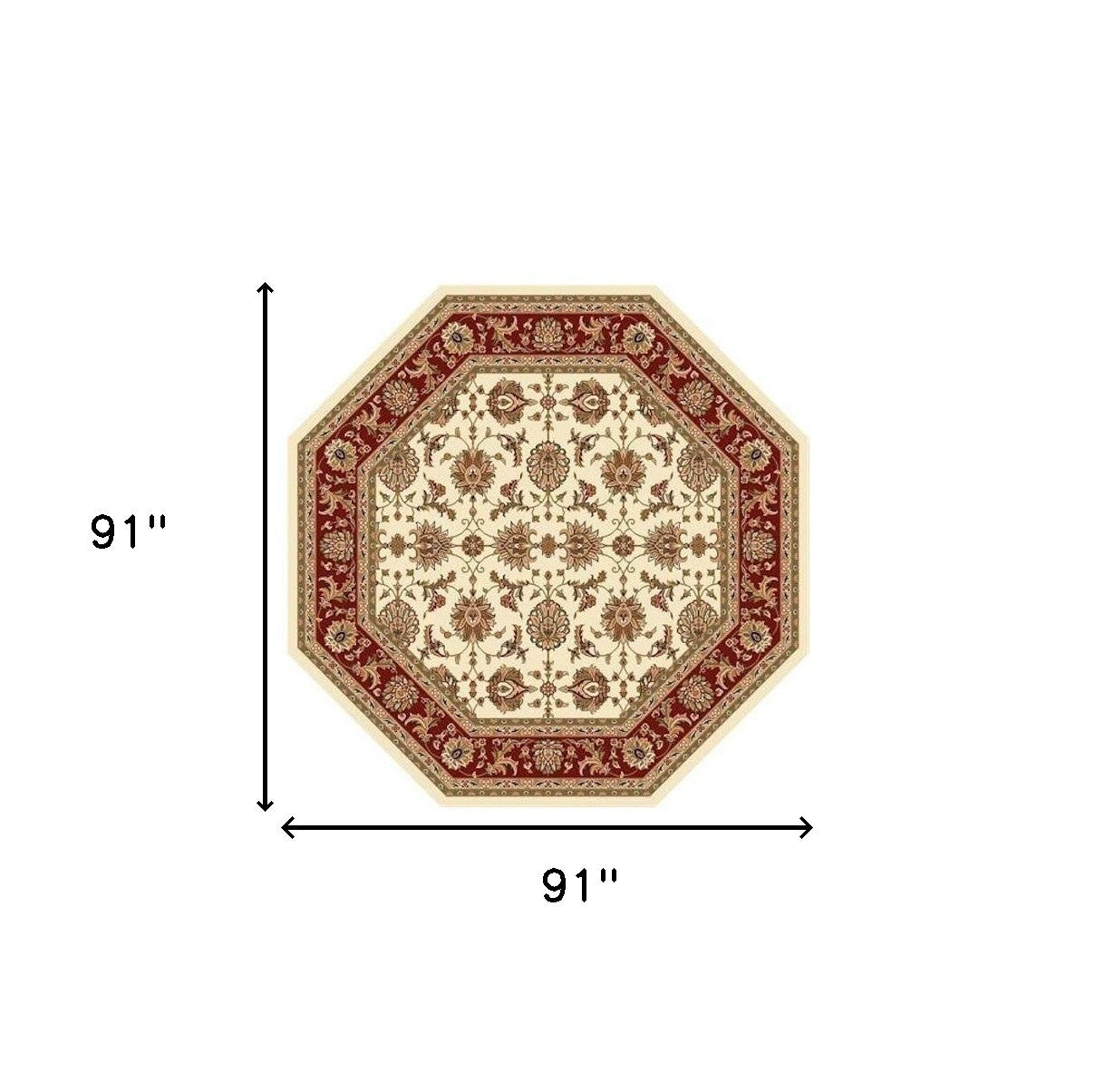 7' Red Ivory And Brown Floral Medallion Octagon Rug-Area Rugs-DECOROLALA