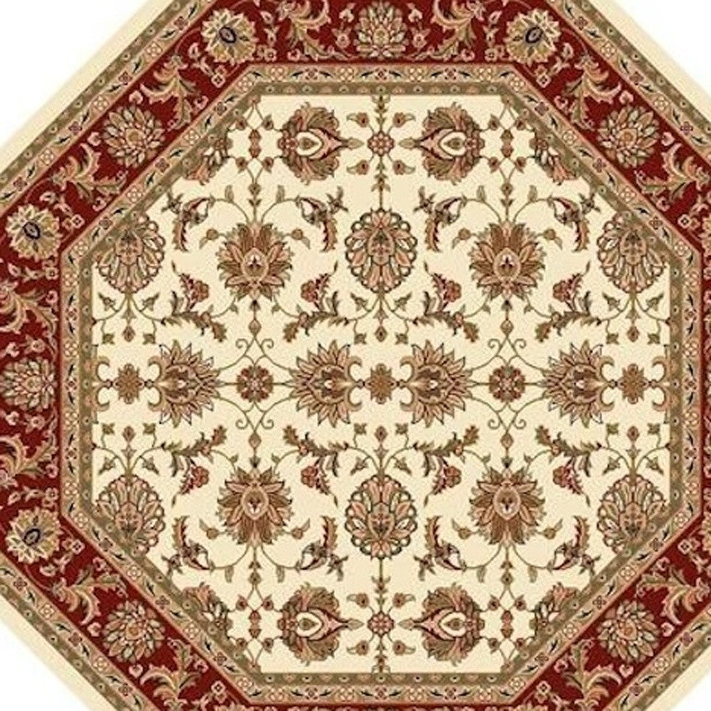 7' Red Ivory And Brown Floral Medallion Octagon Rug-Area Rugs-DECOROLALA