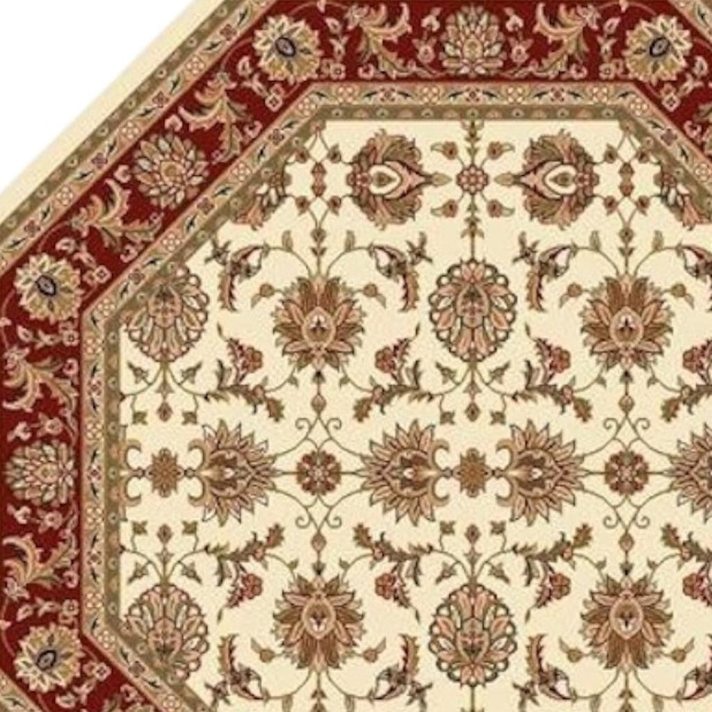 7' Red Ivory And Brown Floral Medallion Octagon Rug-Area Rugs-DECOROLALA
