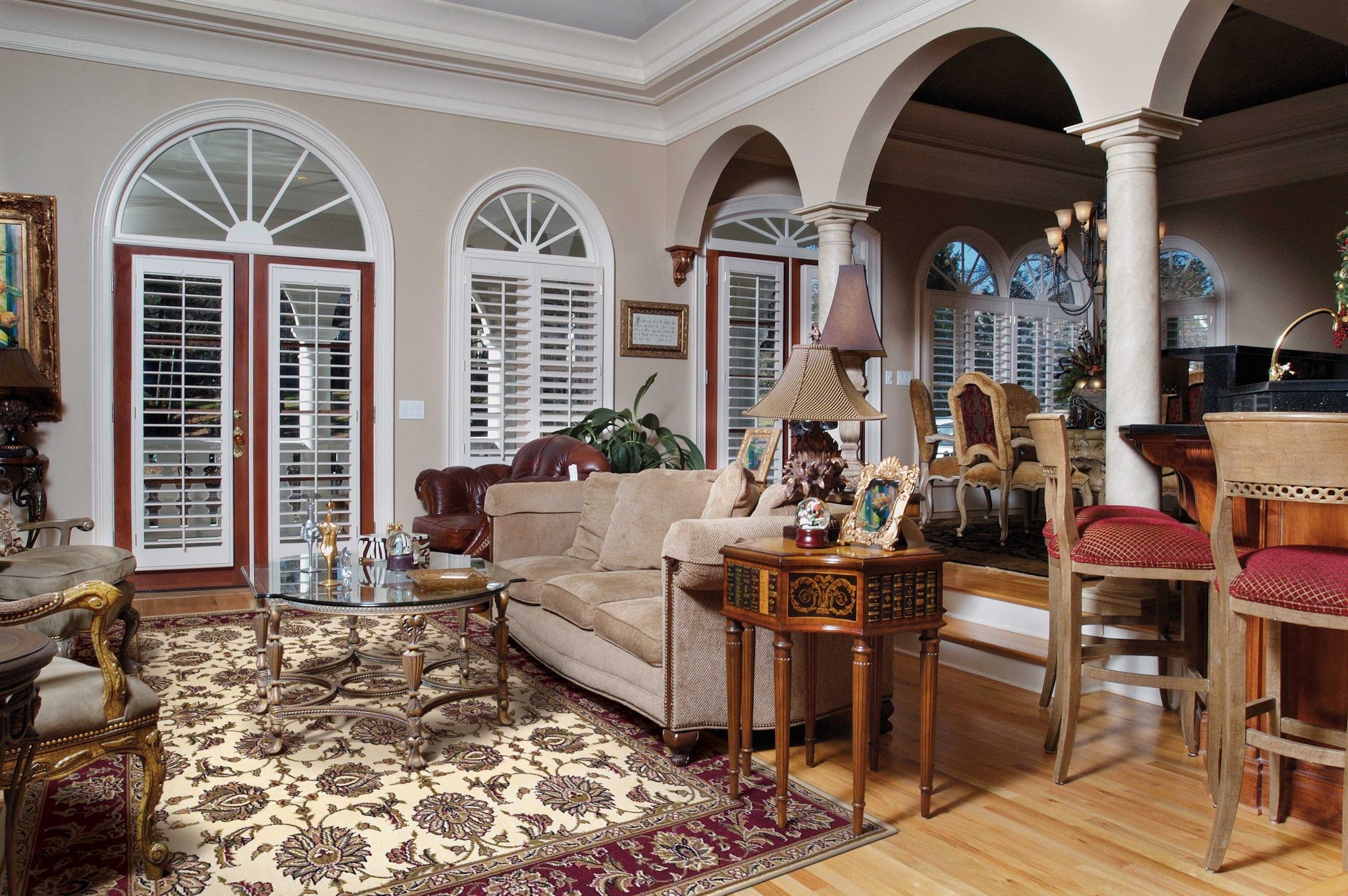 7' Red Ivory And Brown Floral Medallion Octagon Rug-Area Rugs-DECOROLALA