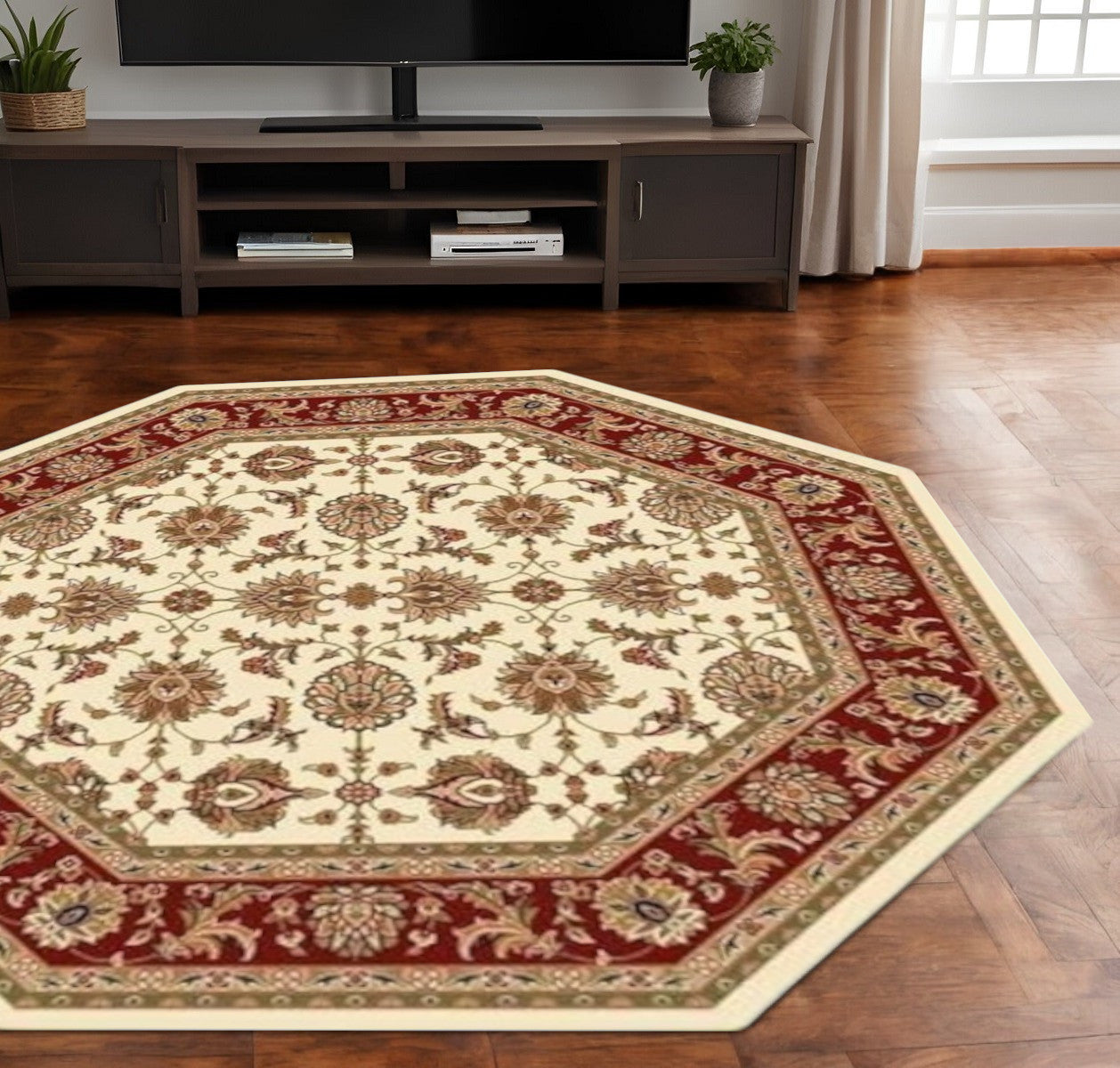 7' Red Ivory And Brown Floral Medallion Octagon Rug-Area Rugs-DECOROLALA