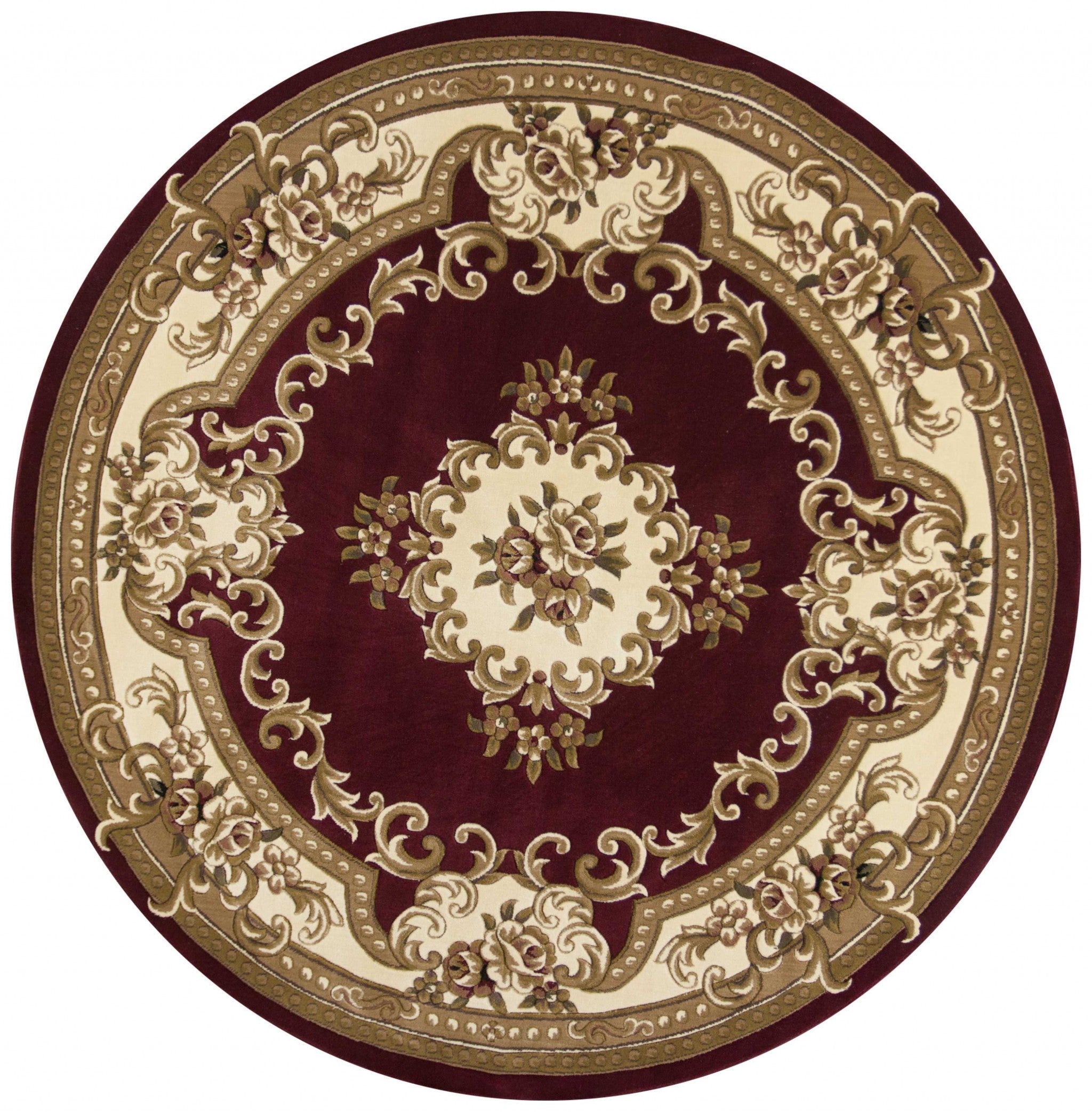 7' Red and Ivory Floral Border Round Rug-Area Rugs-DECOROLALA