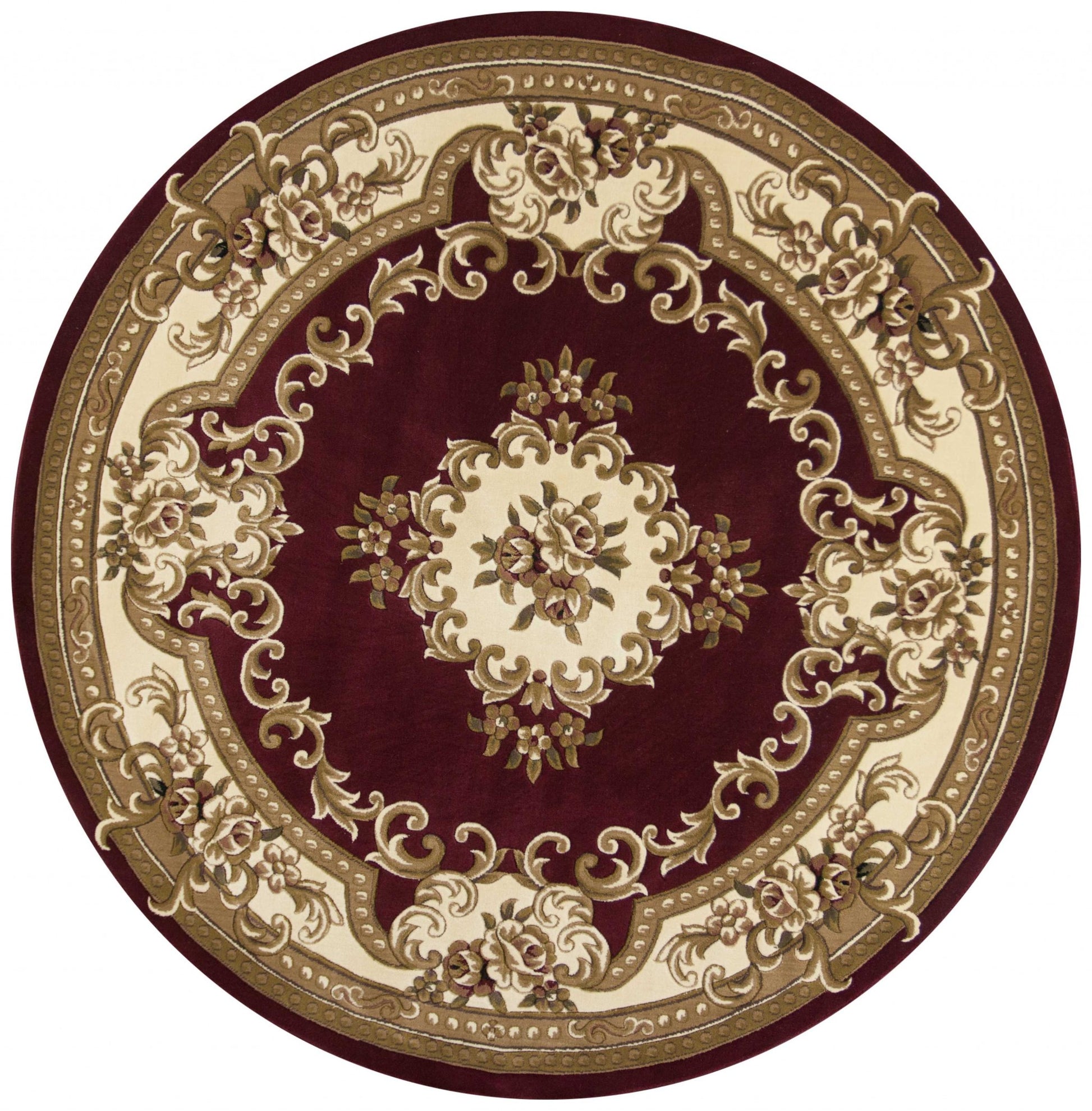 7' Red and Ivory Floral Border Round Rug-Area Rugs-DECOROLALA