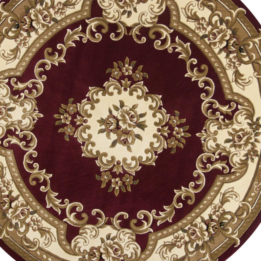 7' Red and Ivory Floral Border Round Rug-Area Rugs-DECOROLALA