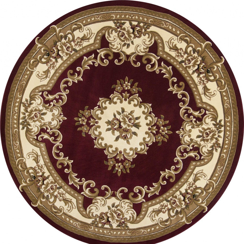 7' Red and Ivory Floral Border Round Rug-Area Rugs-DECOROLALA