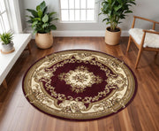 7' Red and Ivory Floral Border Round Rug-Area Rugs-DECOROLALA