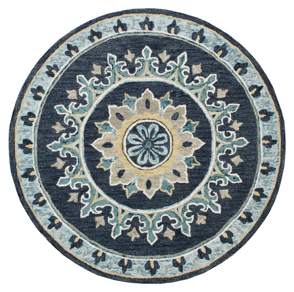7' Round Blue Floral Medallion Area Rug-Area Rugs-DECOROLALA