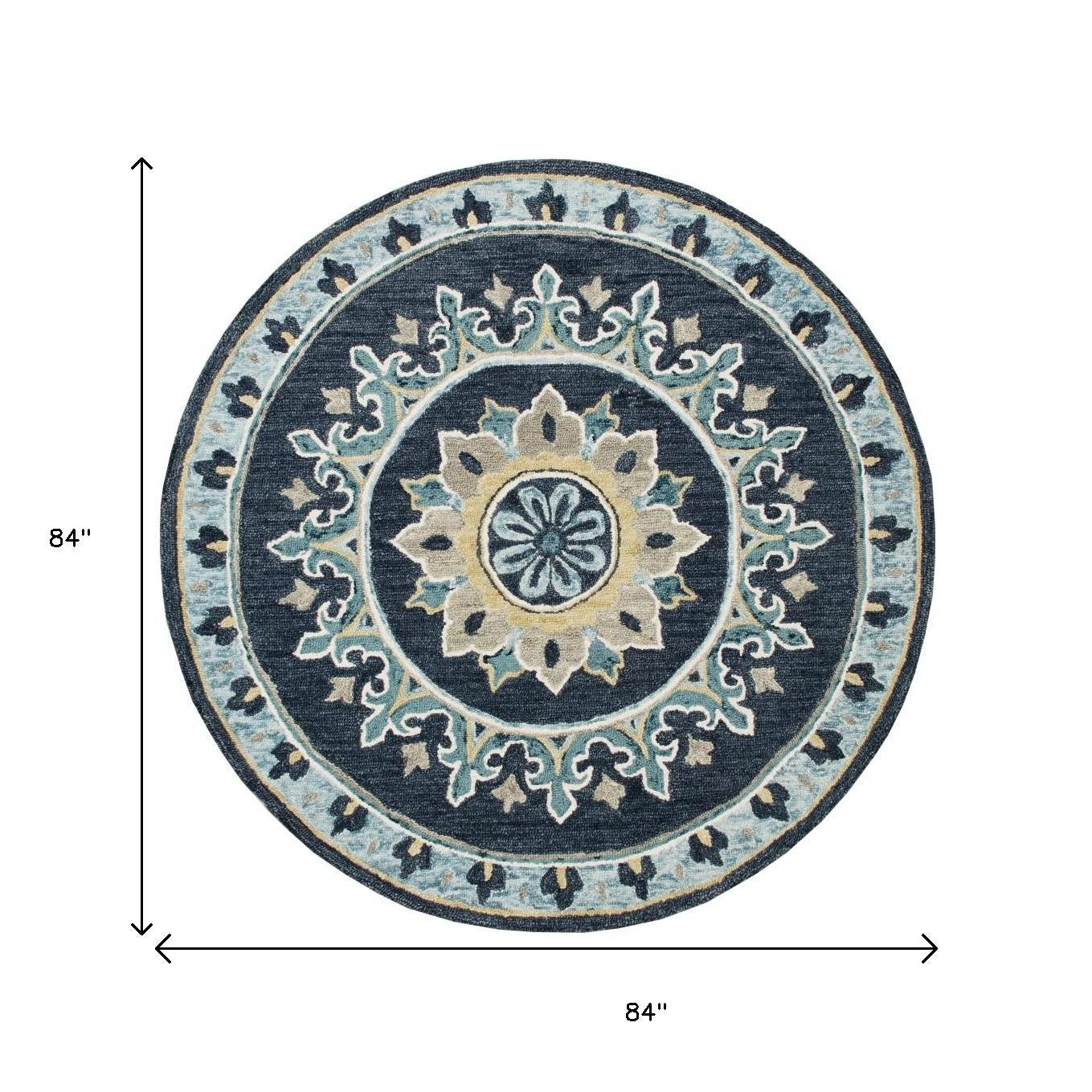 7' Round Blue Floral Medallion Area Rug-Area Rugs-DECOROLALA