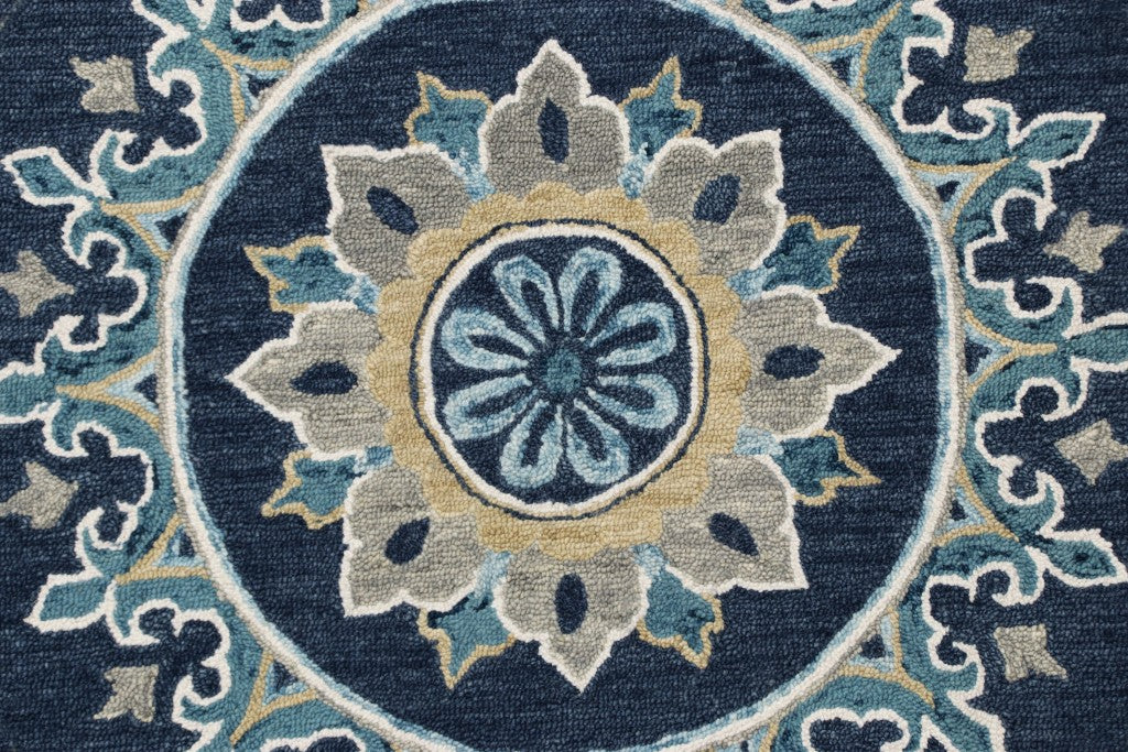 7' Round Blue Floral Medallion Area Rug-Area Rugs-DECOROLALA