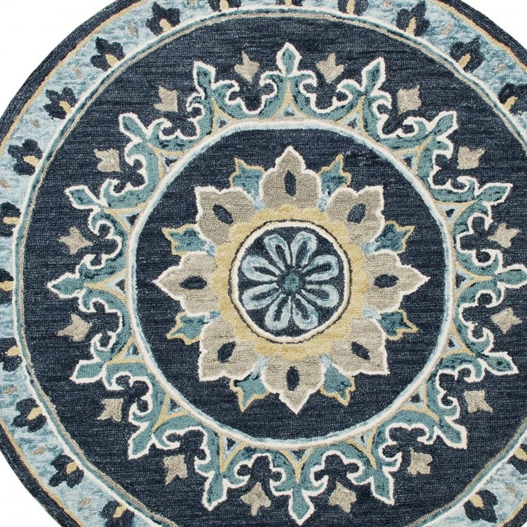 7' Round Blue Floral Medallion Area Rug-Area Rugs-DECOROLALA