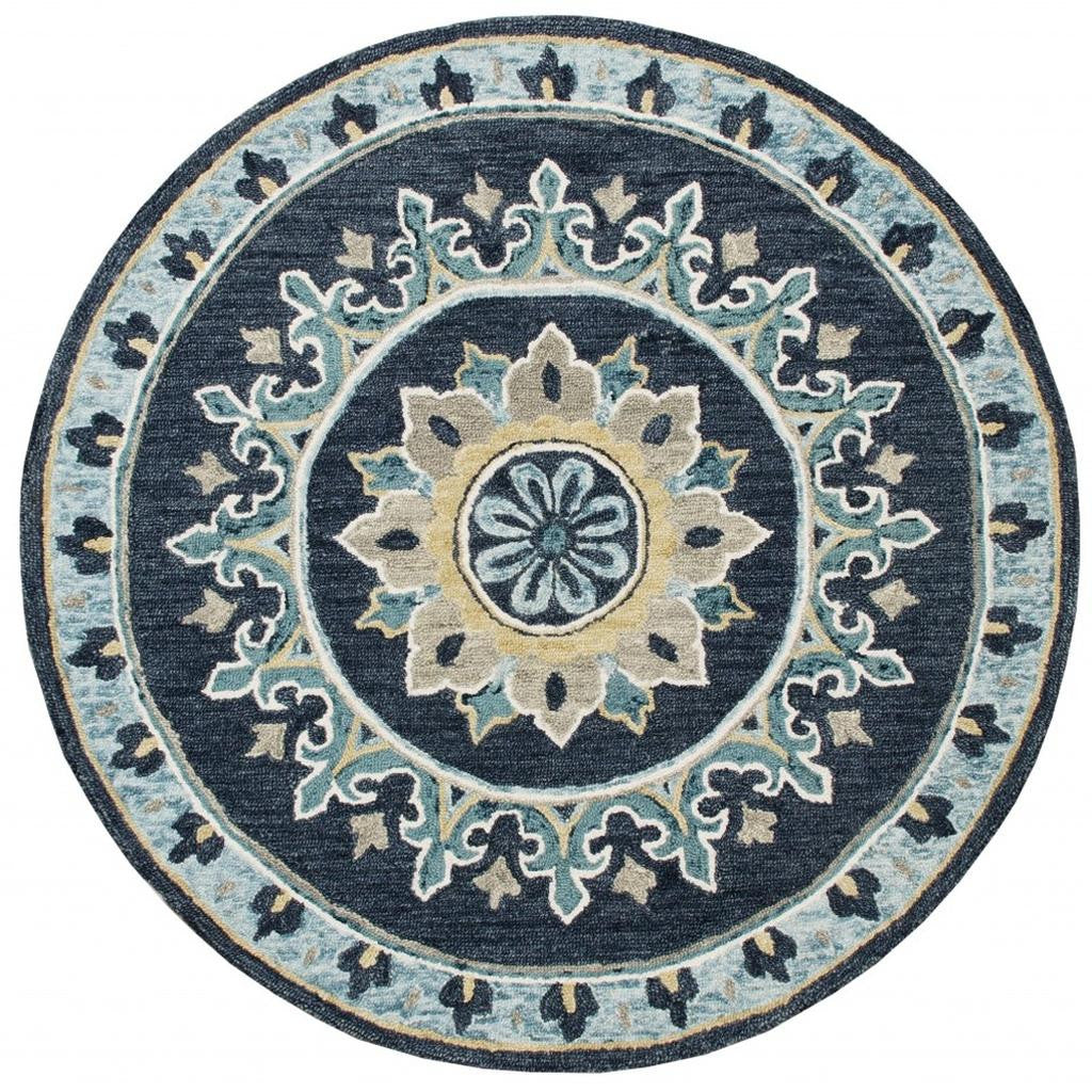 7' Round Blue Floral Medallion Area Rug-Area Rugs-DECOROLALA