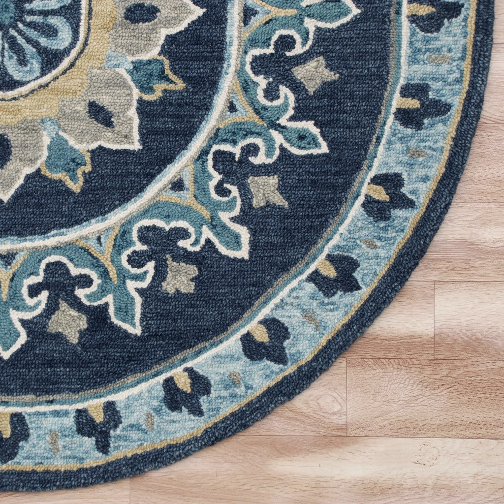 7' Round Blue Floral Medallion Area Rug-Area Rugs-DECOROLALA
