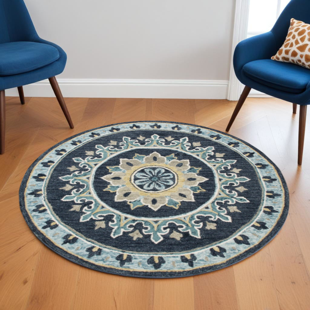 7' Round Blue Floral Medallion Area Rug-Area Rugs-DECOROLALA