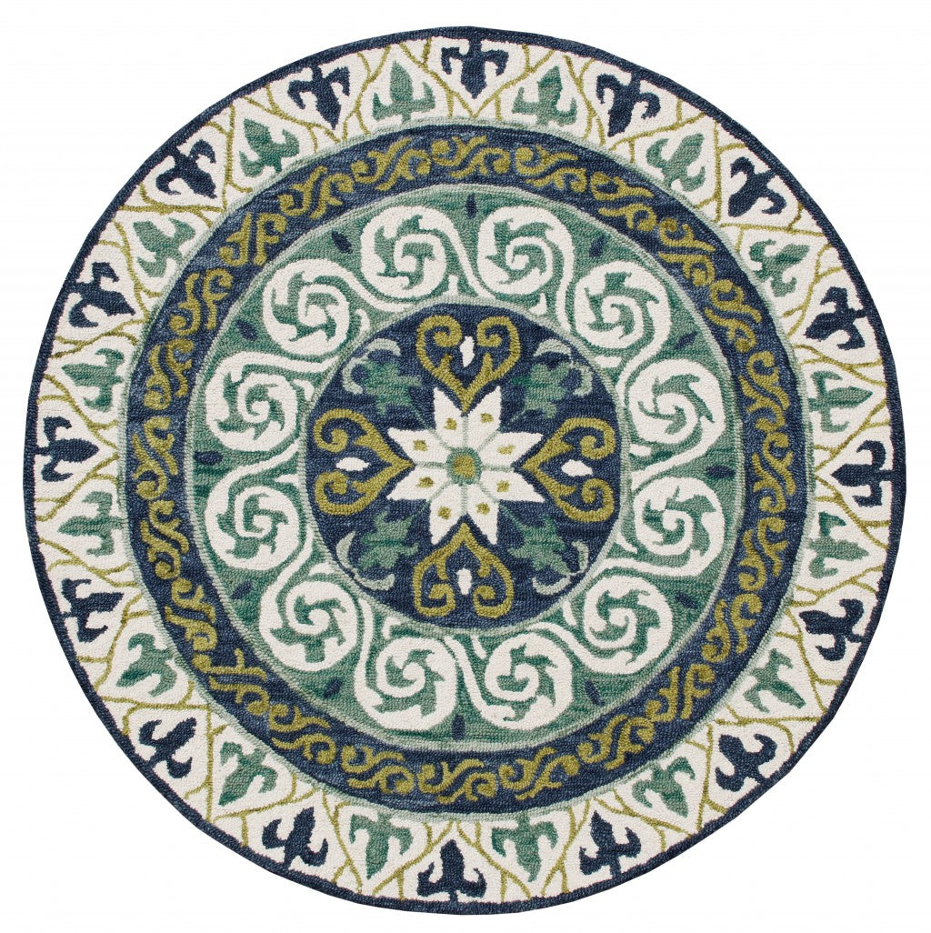7' Round Blue and Green Ornate Medallion Area Rug-Area Rugs-DECOROLALA