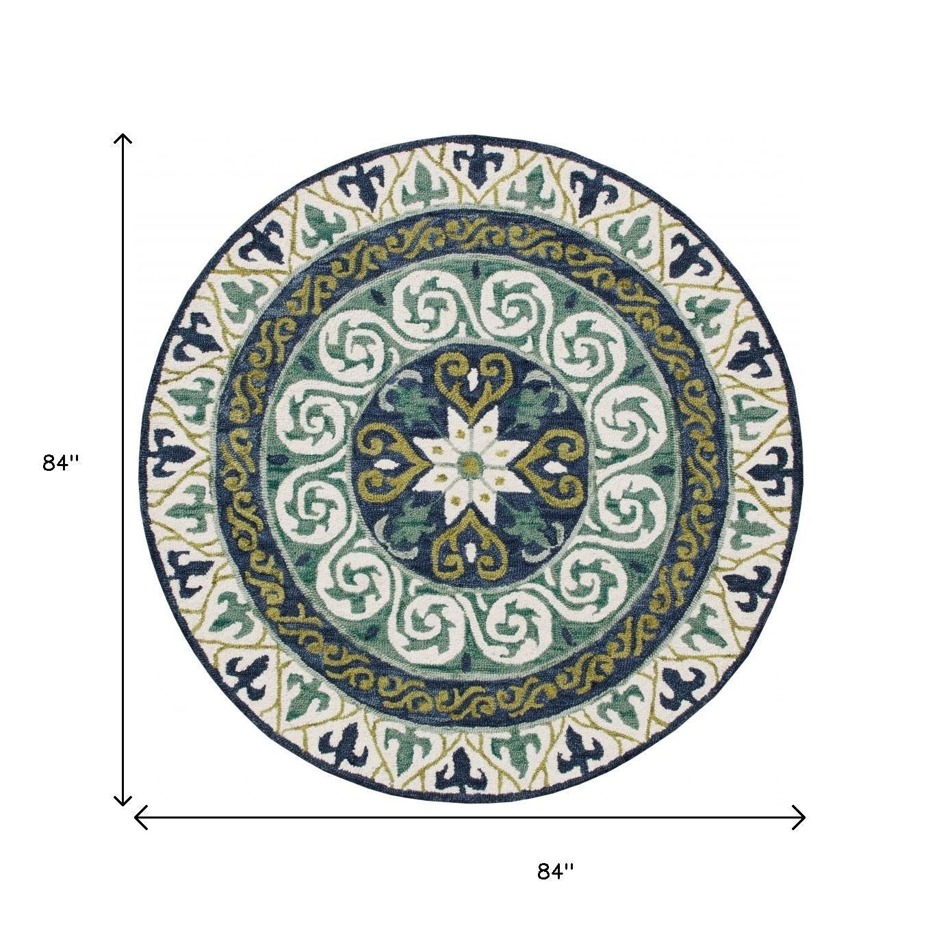 7' Round Blue and Green Ornate Medallion Area Rug-Area Rugs-DECOROLALA