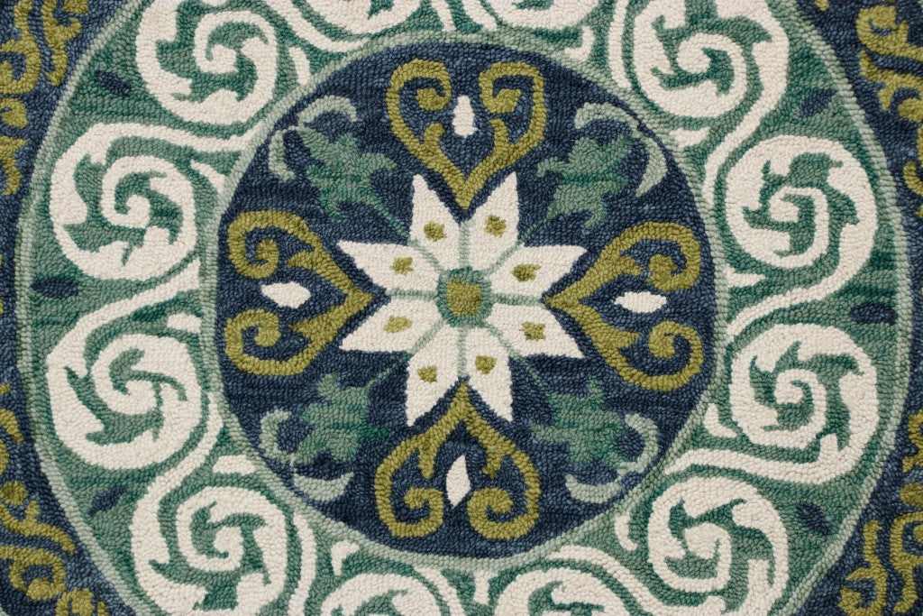 7' Round Blue and Green Ornate Medallion Area Rug-Area Rugs-DECOROLALA