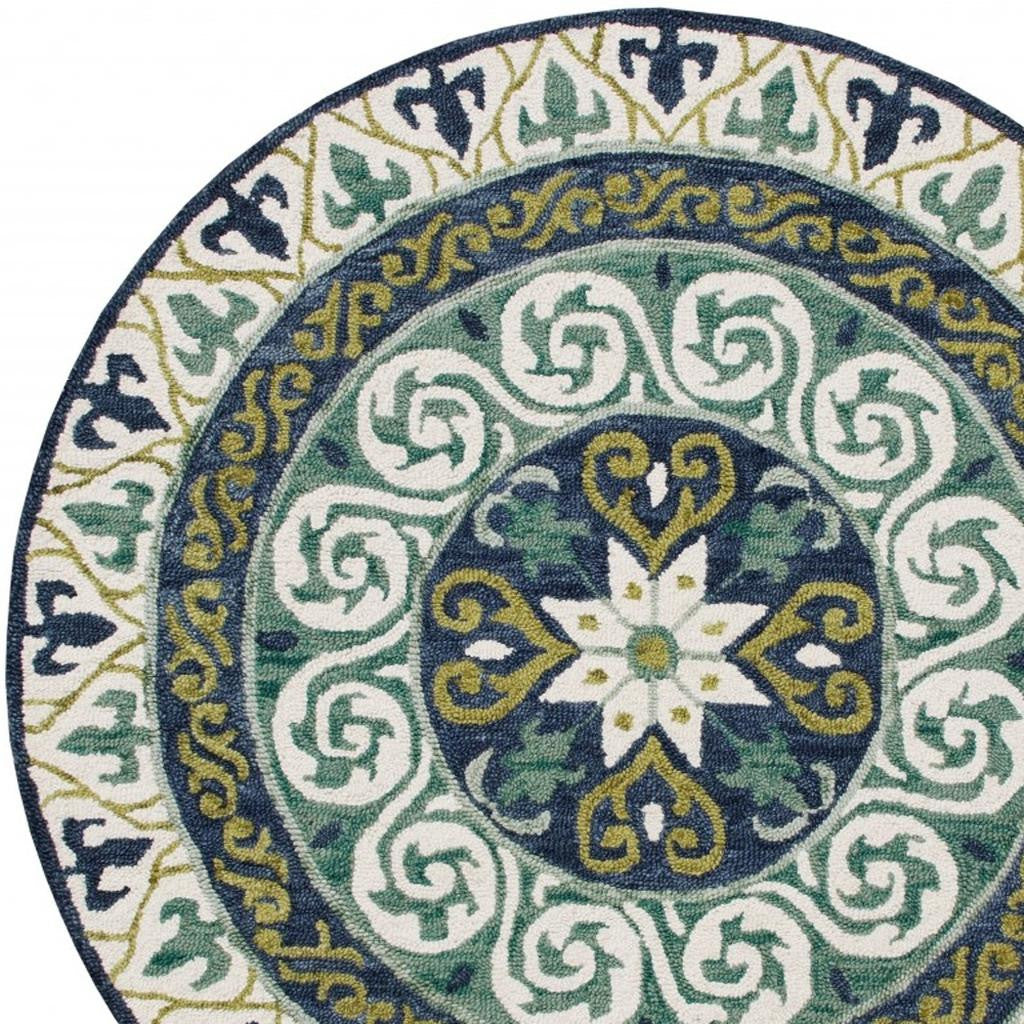 7' Round Blue and Green Ornate Medallion Area Rug-Area Rugs-DECOROLALA